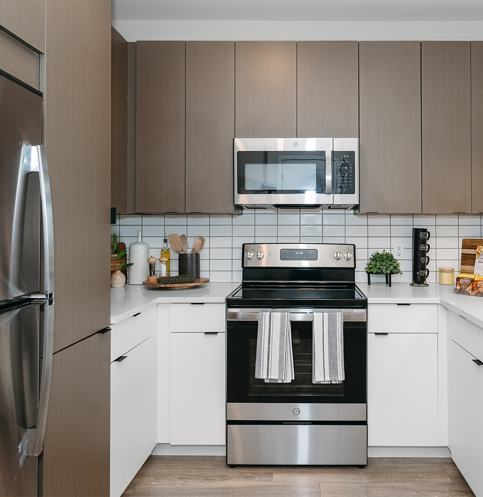 A kitchen with stainless-steel appliances